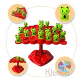 Frog jumping game with green frogs and red stands.