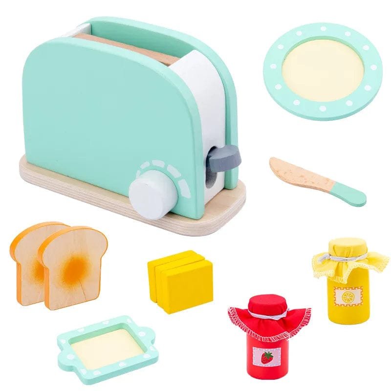 Toy toaster set with slices of bread, butter, jam, and a knife 