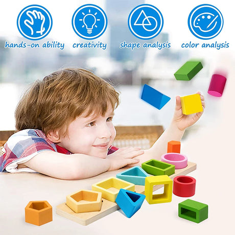 Child playing with colorful wooden shape sorting blocks