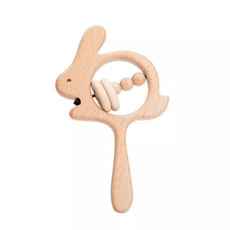 Wooden baby rattle with a handle on a white background