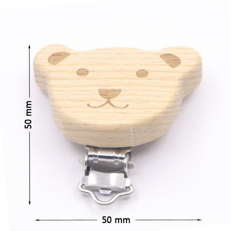 Wooden bear-shaped teether with a metal clip and dimensions on a white background