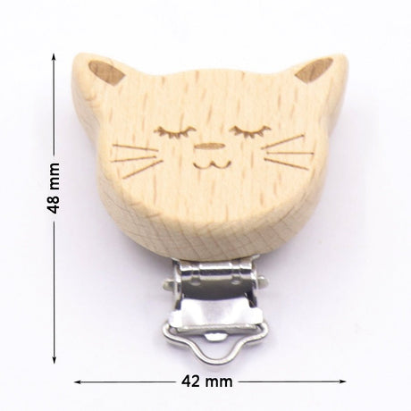 Wooden cat-shaped pacifier clip with dimensions on a white background