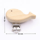 Wooden fish-shaped clip with metal clasp and dimensions on a white background