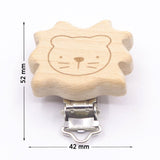 Wooden lion-shaped pacifier clip with dimensions on a white background