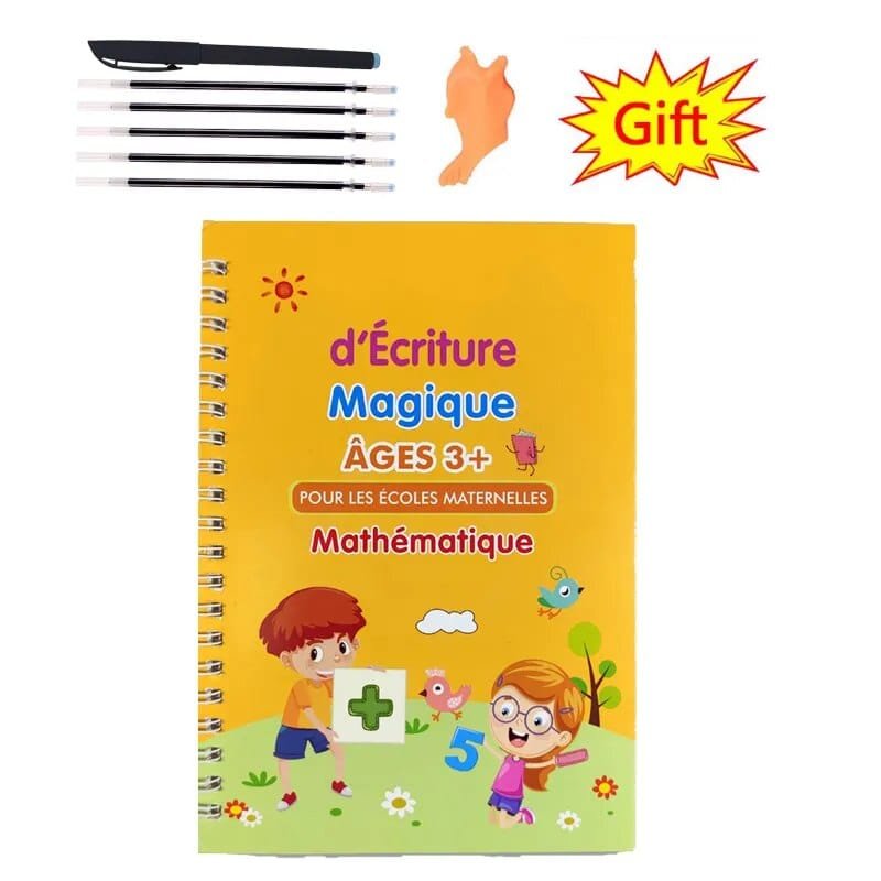 Children's notebook with colorful cover and stationery items on a white background