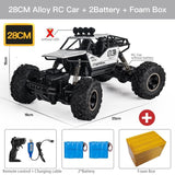 28CM Alloy RC Car with remote control, batteries, and foam box.
