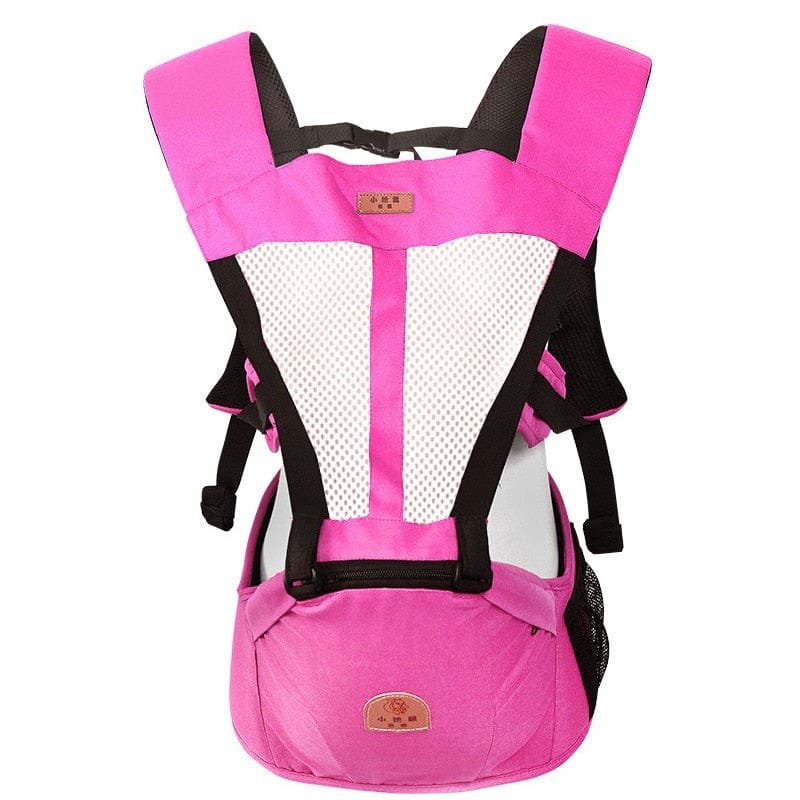 Pink baby carrier with black straps on a white background