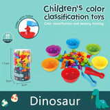 Children's color classification toys with bowls and tongs on a teal background