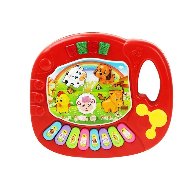 Children's toy with colorful animal illustrations on a red background