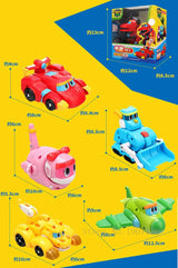 Toy vehicles with dimensions on a yellow background