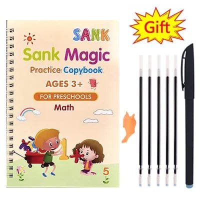 Sank Magic Practice Copybook for preschools with math content, accompanied by pens and a gift star icon.
