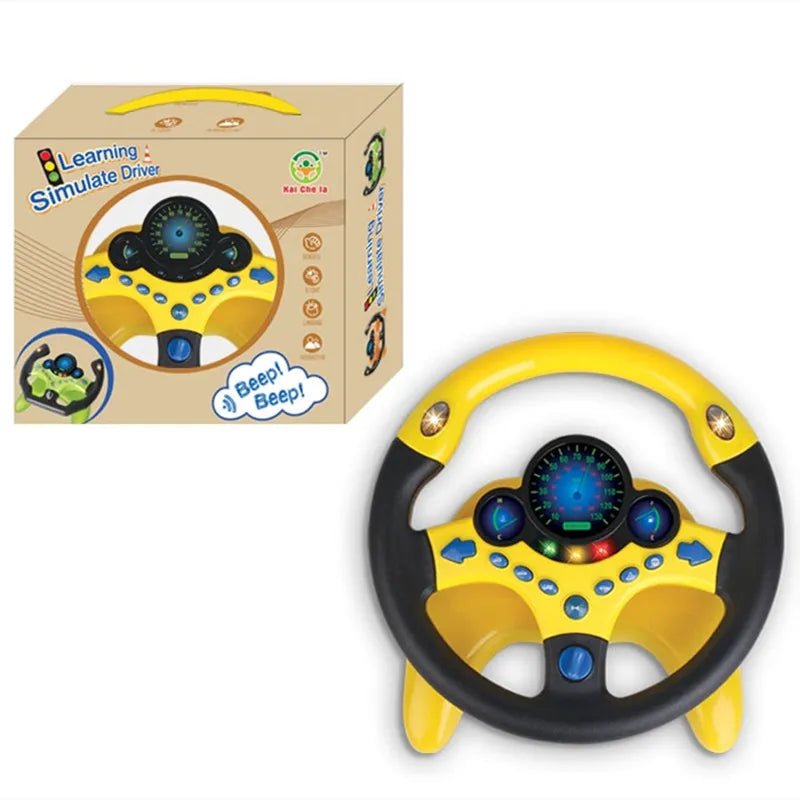 Toy steering wheel with colorful buttons and a matching box on a white background
