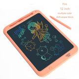 Pink electronic drawing board with colorful drawings on a white background