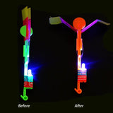 Comparison of a toy helicopter before and after being illuminated with colorful lights on a black background.