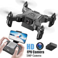 Drone with HD FPV camera and 5MP camera, remote control, and smartphone app interface on a white background.