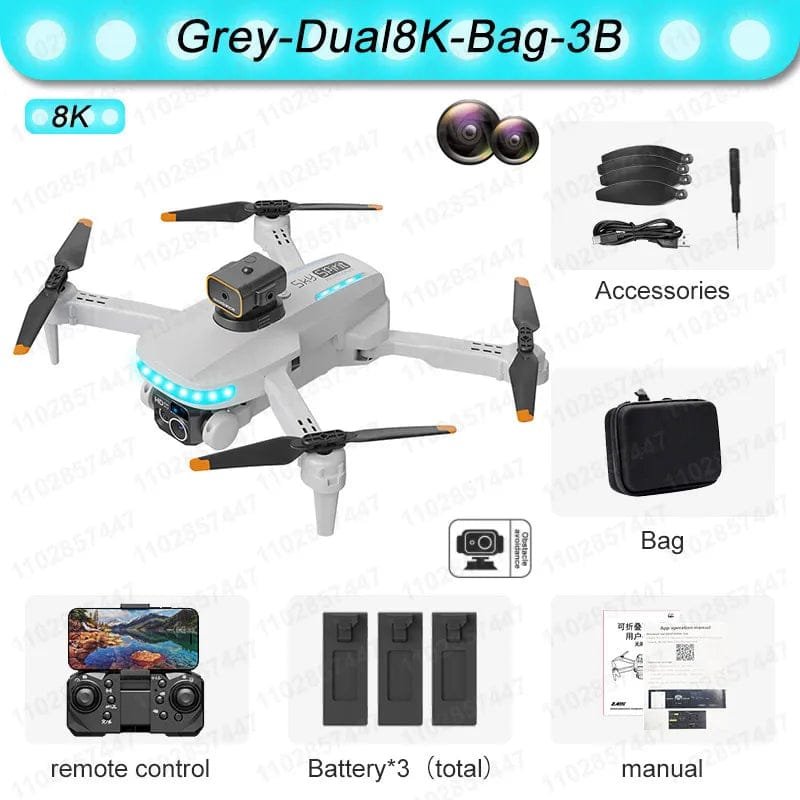 8K drone with accessories, remote control, batteries, and manual on a white background