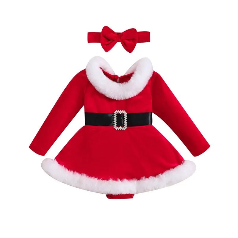 Red dress with white fur trim and a matching headband on a white background