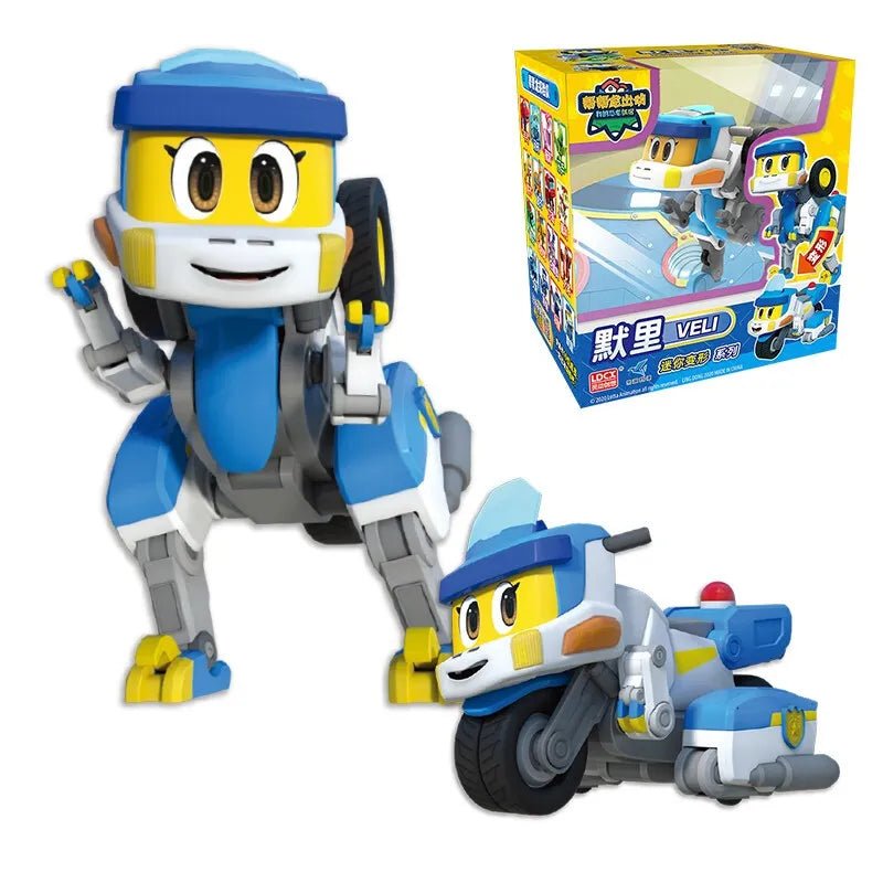 Toy figure with helmet and motorcycle next to its packaging on a white background