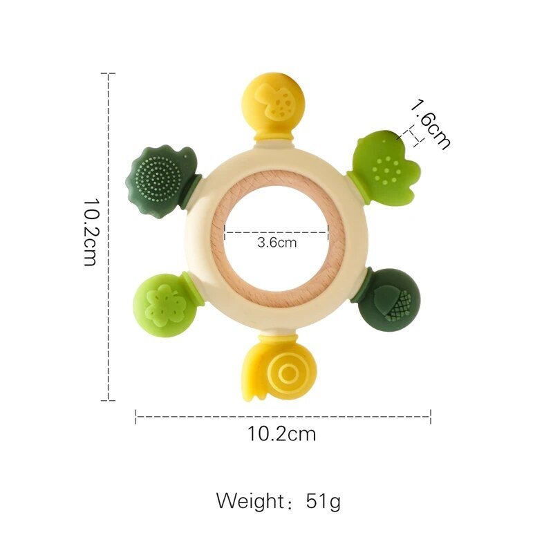 Baby teething ring with measurements on a white background