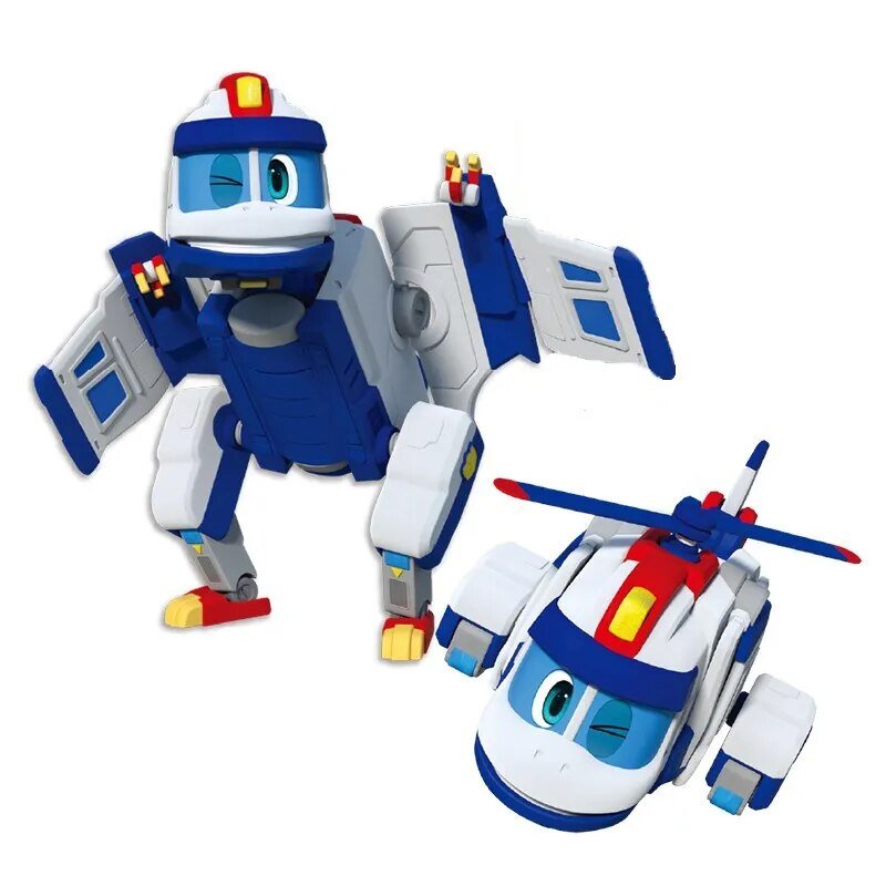 Toy robot and helicopter with blue, white, and red colors on a white background