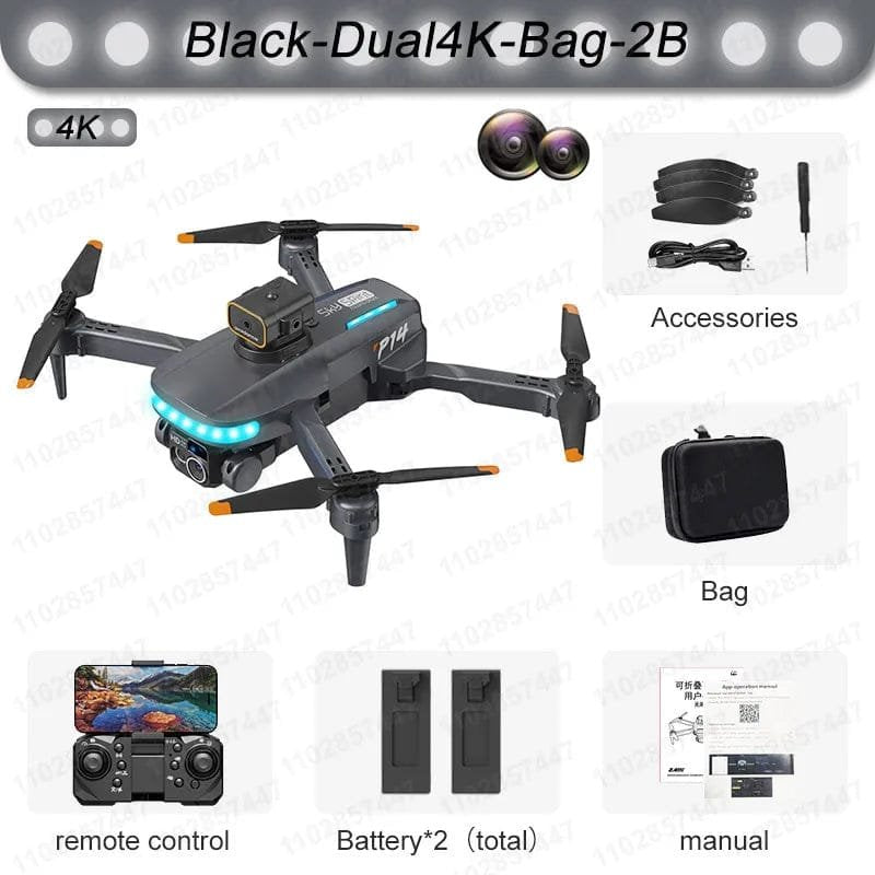 Black dual 4K drone with accessories on a white background