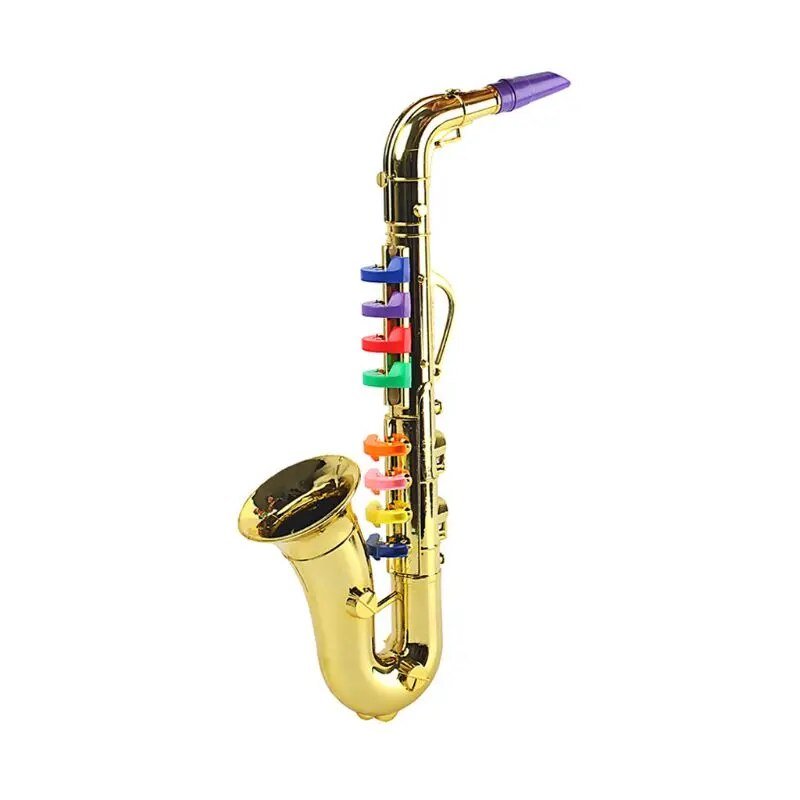 Gold saxophone with colorful keys on a white background