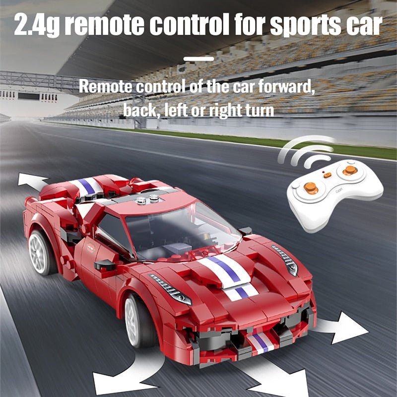 Red sports car model with remote control on a racetrack