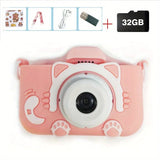 Pink children's camera with cartoon design on a white background