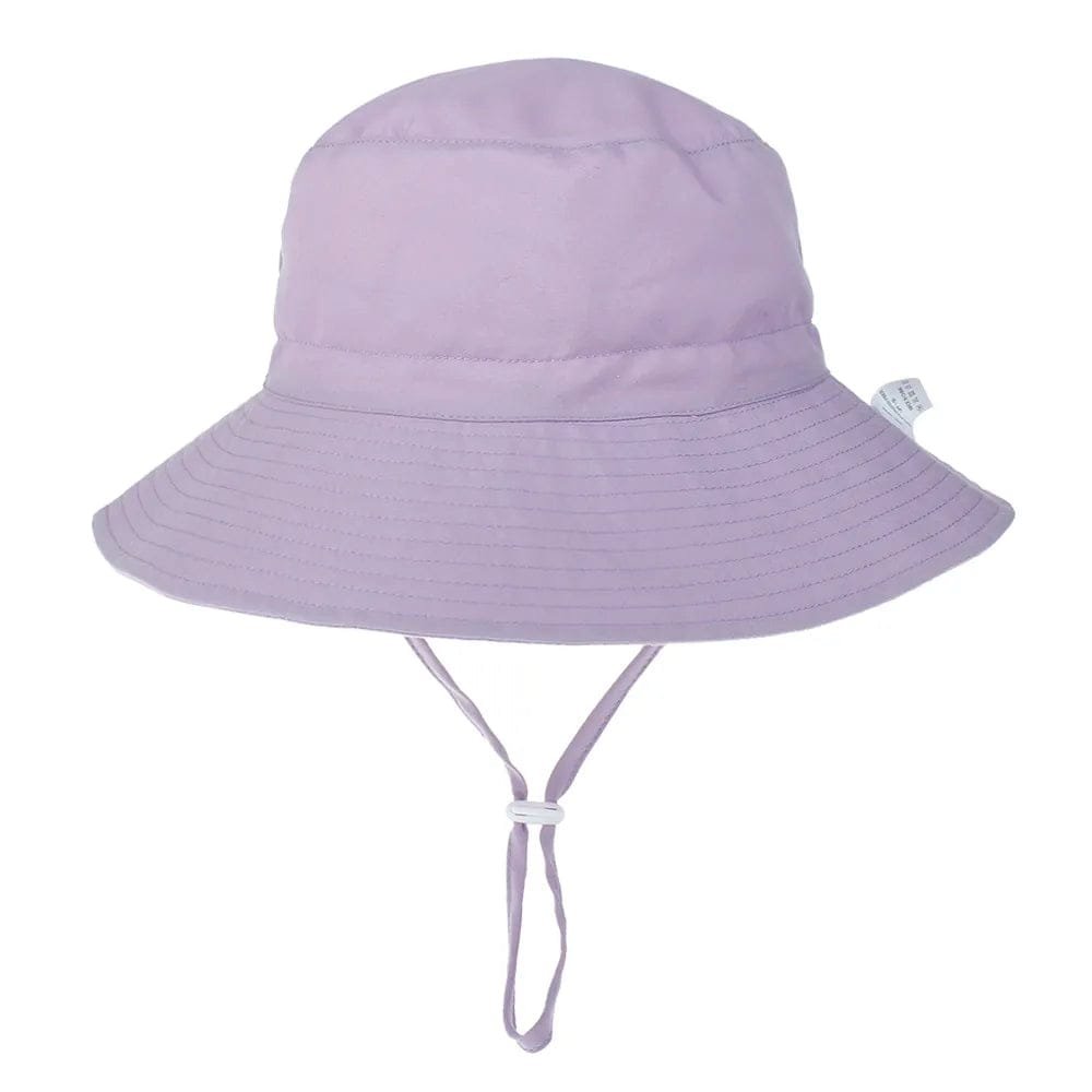 Purple bucket hat with a strap on a white background