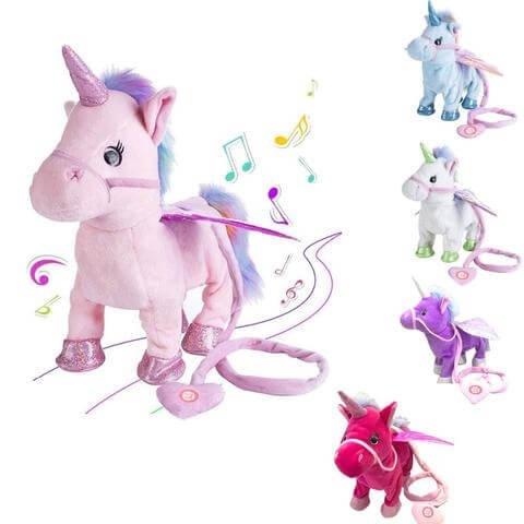 Collection of colorful unicorn toys with music notes, on a white background