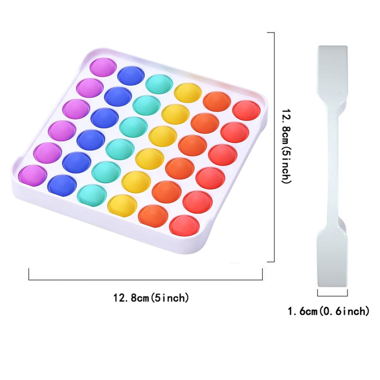 Colorful square board with round pegs and dimensions on a white background