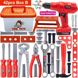 Set of toy tools and accessories with a red drill and various tools on a white background.