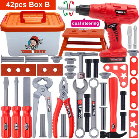 Set of toy tools and accessories with a red drill and various tools on a white background.
