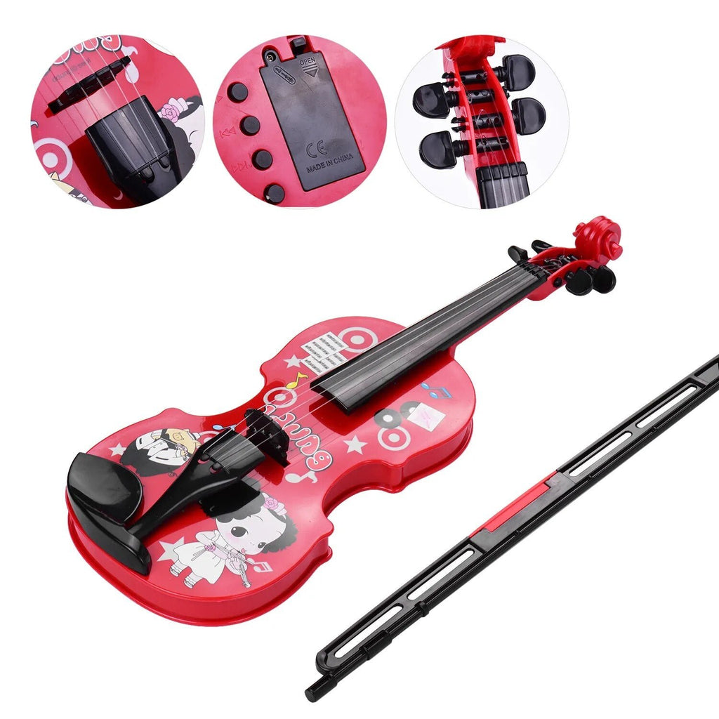 Red toy violin with cartoon design on a white background