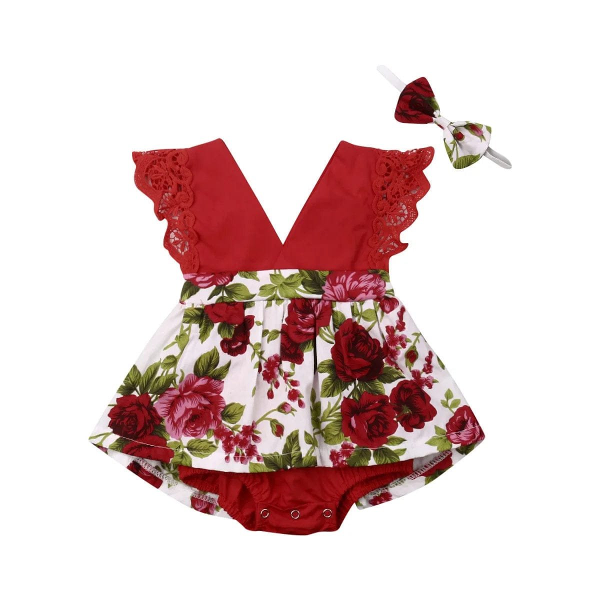 Baby romper with floral design and red accents on a white background