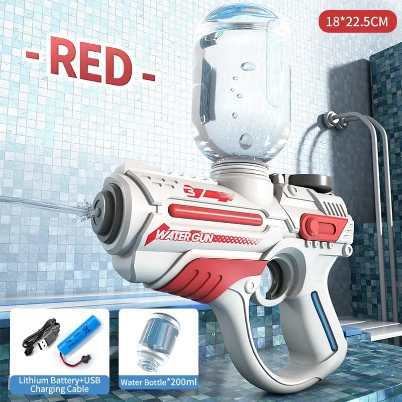 Red and white water gun with accessories on a tiled floor background