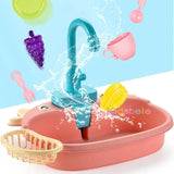 Children's toy kitchen set with sink, faucet, and various utensils on a blue background.