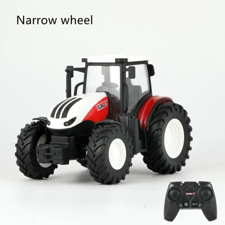 Toy tractor with narrow wheels and a remote control on a white background