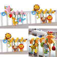 Colorful baby crib mobile with animals and toys hanging from a white crib.
