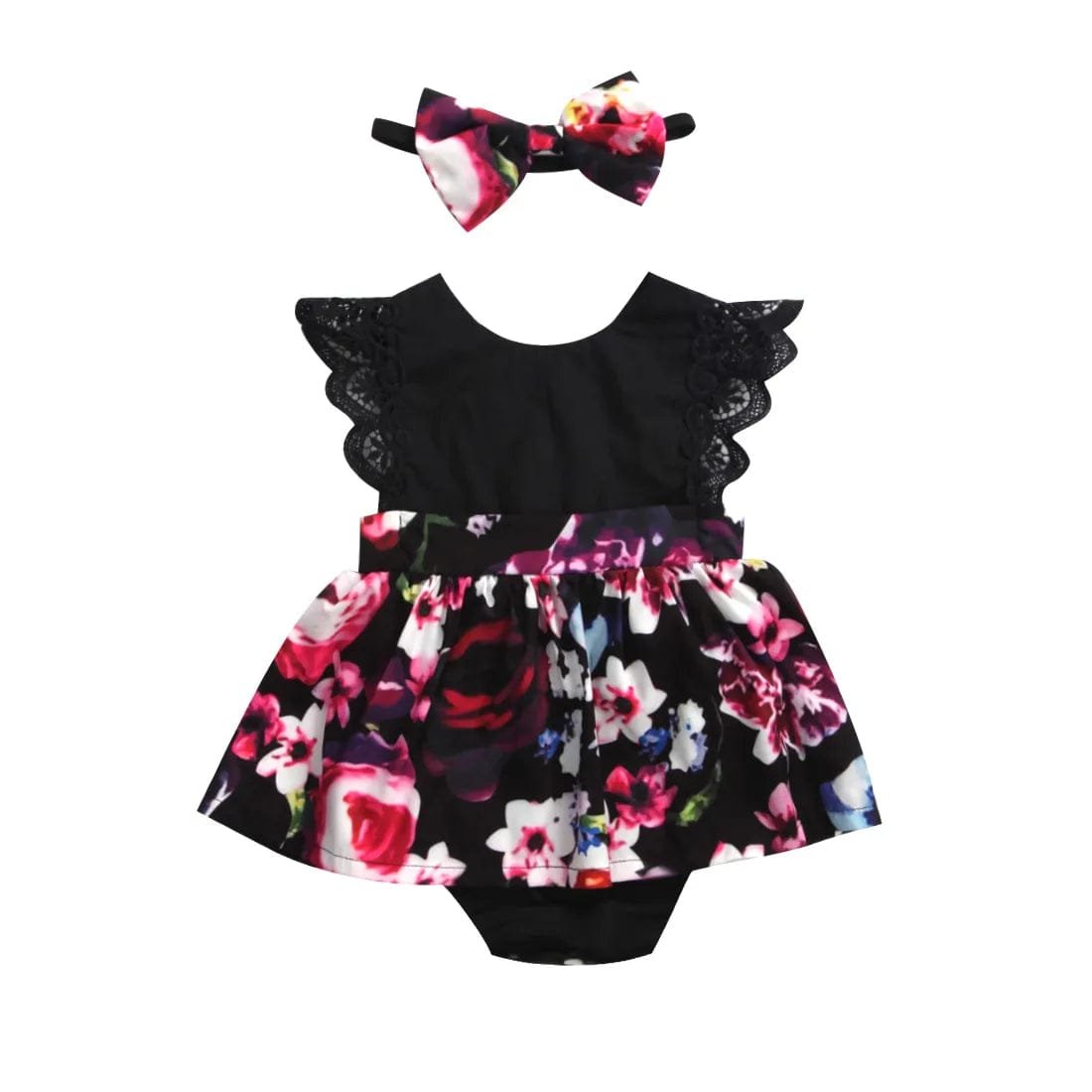 Black lace top with floral skirt and matching headband on a white background