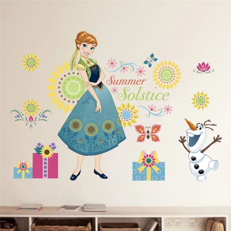 Wall decal featuring a character from 'Frozen' with flowers and text on a beige wall.
