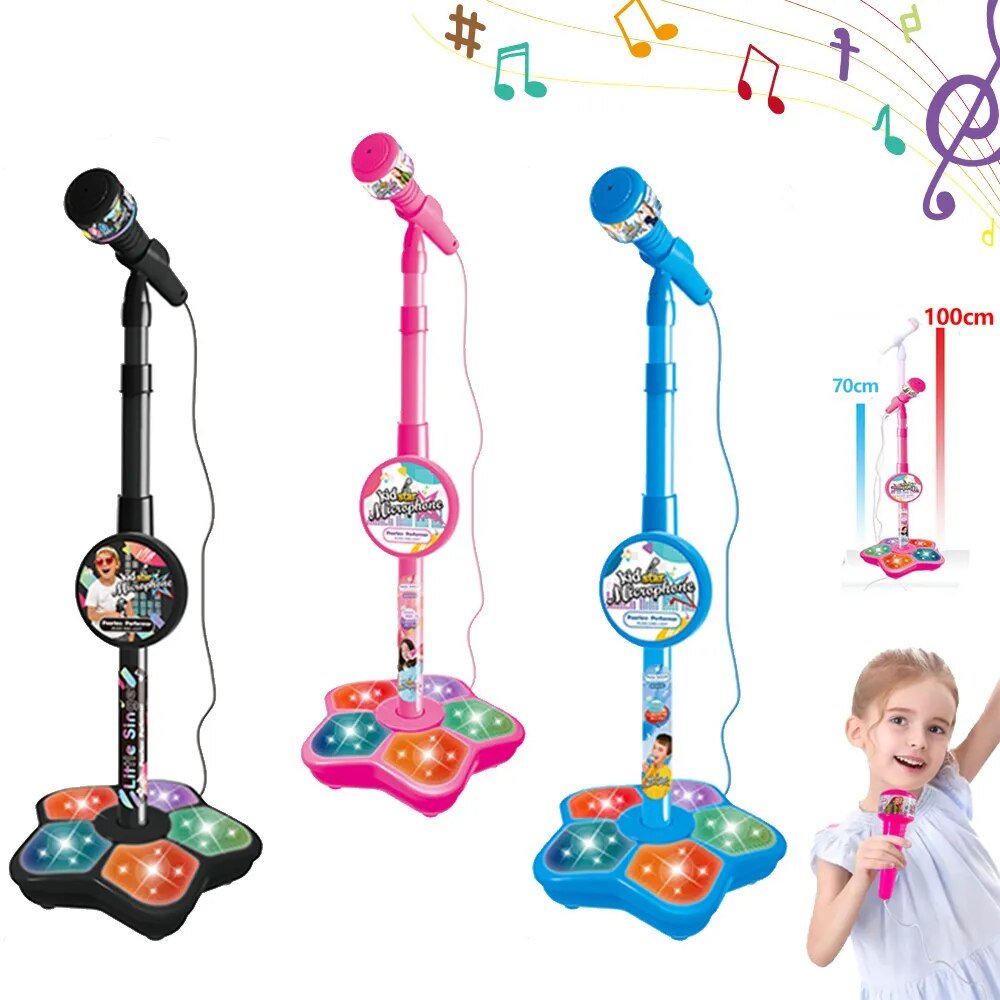 Children's toy microphones with stands and a child holding a microphone, set against a white background with musical notes.