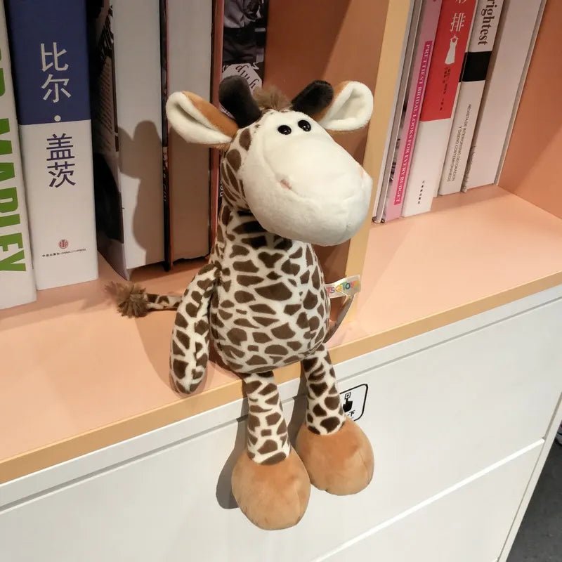 Plush giraffe toy on a bookshelf with books in the background