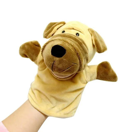 Dog-shaped plush hand puppet on a white background