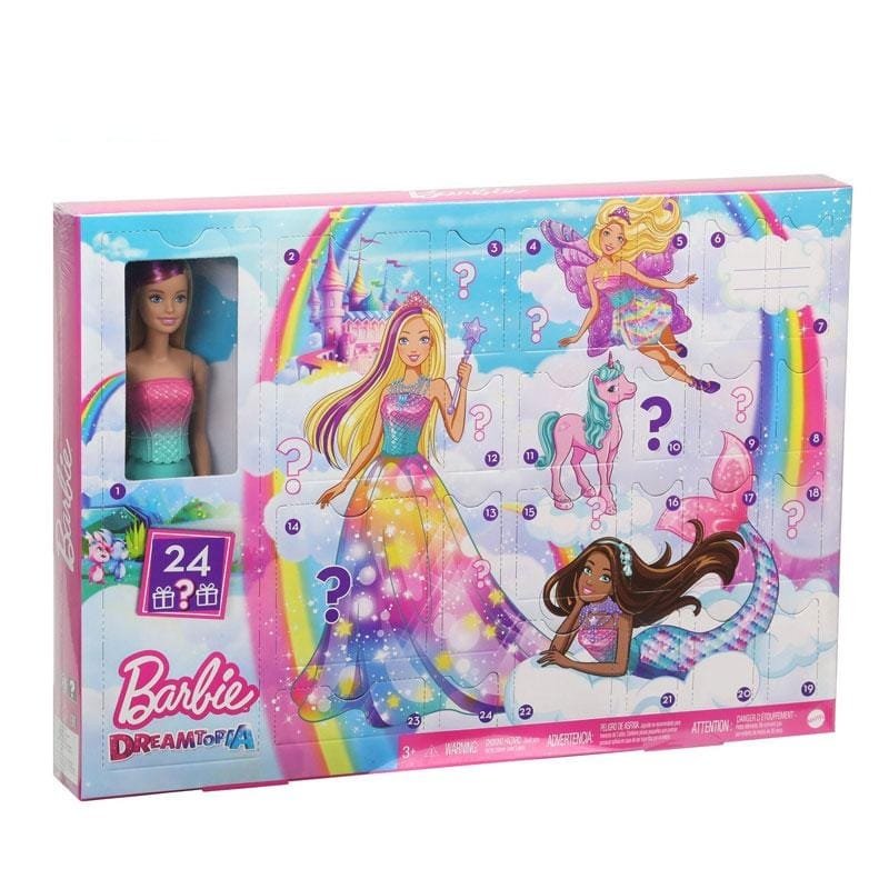 Barbie Dreamtopia toy set packaging with colorful graphics and Barbie dolls on a white background