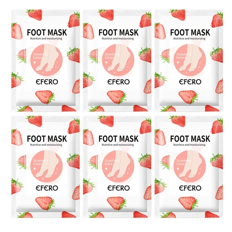 Multiple packages of EFERO foot mask with strawberry design on a white background