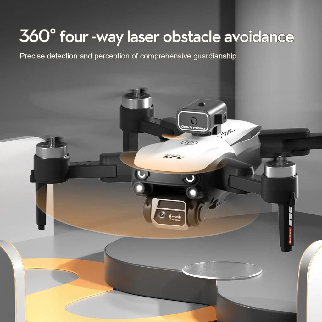 Drone with 360-degree laser obstacle avoidance technology on a modern interior background