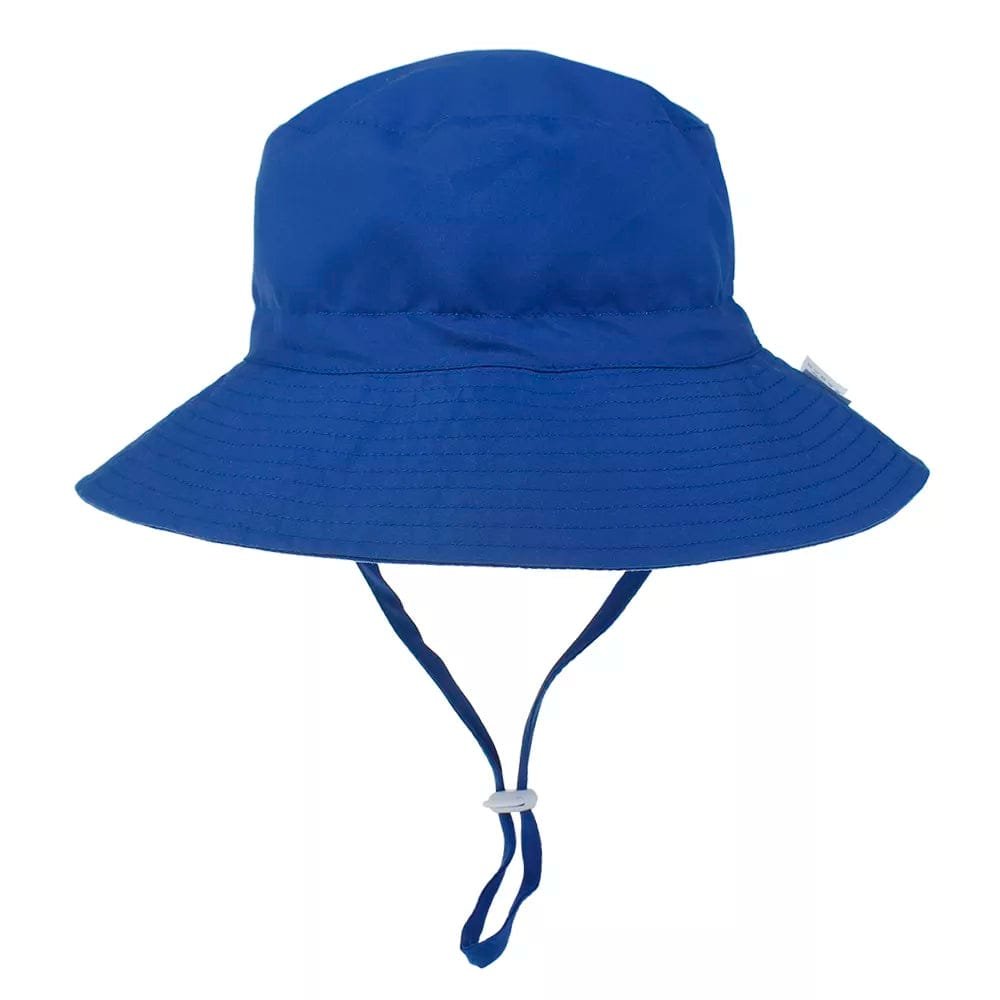 Blue bucket hat with a chin strap on a white background