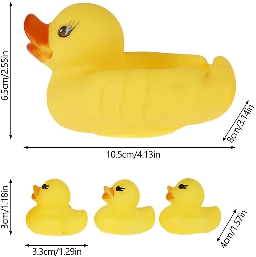 Yellow rubber duck with dimensions indicated on a white background