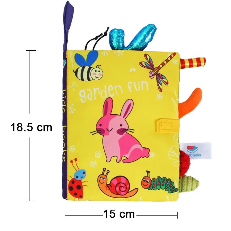 Children's soft book with garden-themed illustrations and measurements on a white background